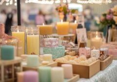 Visitors explore a spring craft fair filled with booths featuring handmade candles and unique artisanal products, creating a lively and inviting environment for shoppers.